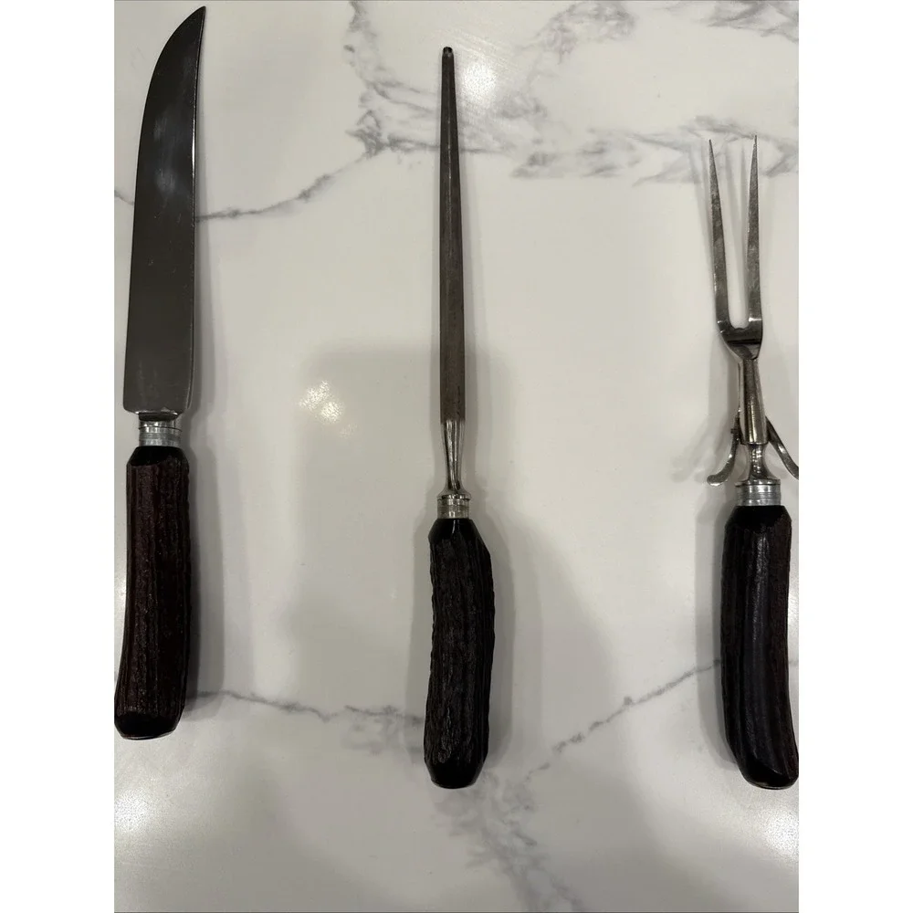 Vtg Russell Carving Set Stag Antler Horn Handle Stainless Knife Sharpener Fork